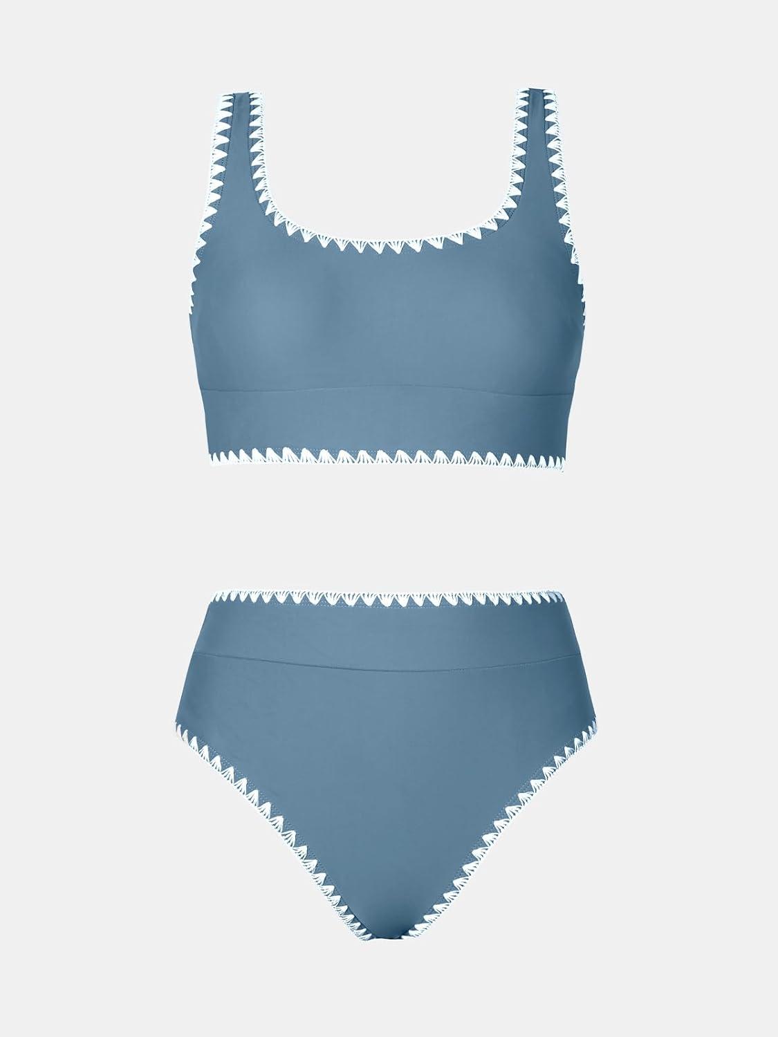 imageCUPSHE Womens Bikini Sets Two Piece Swimsuit Scoop Neck Tank Wide Straps Midkini StitchingBlue