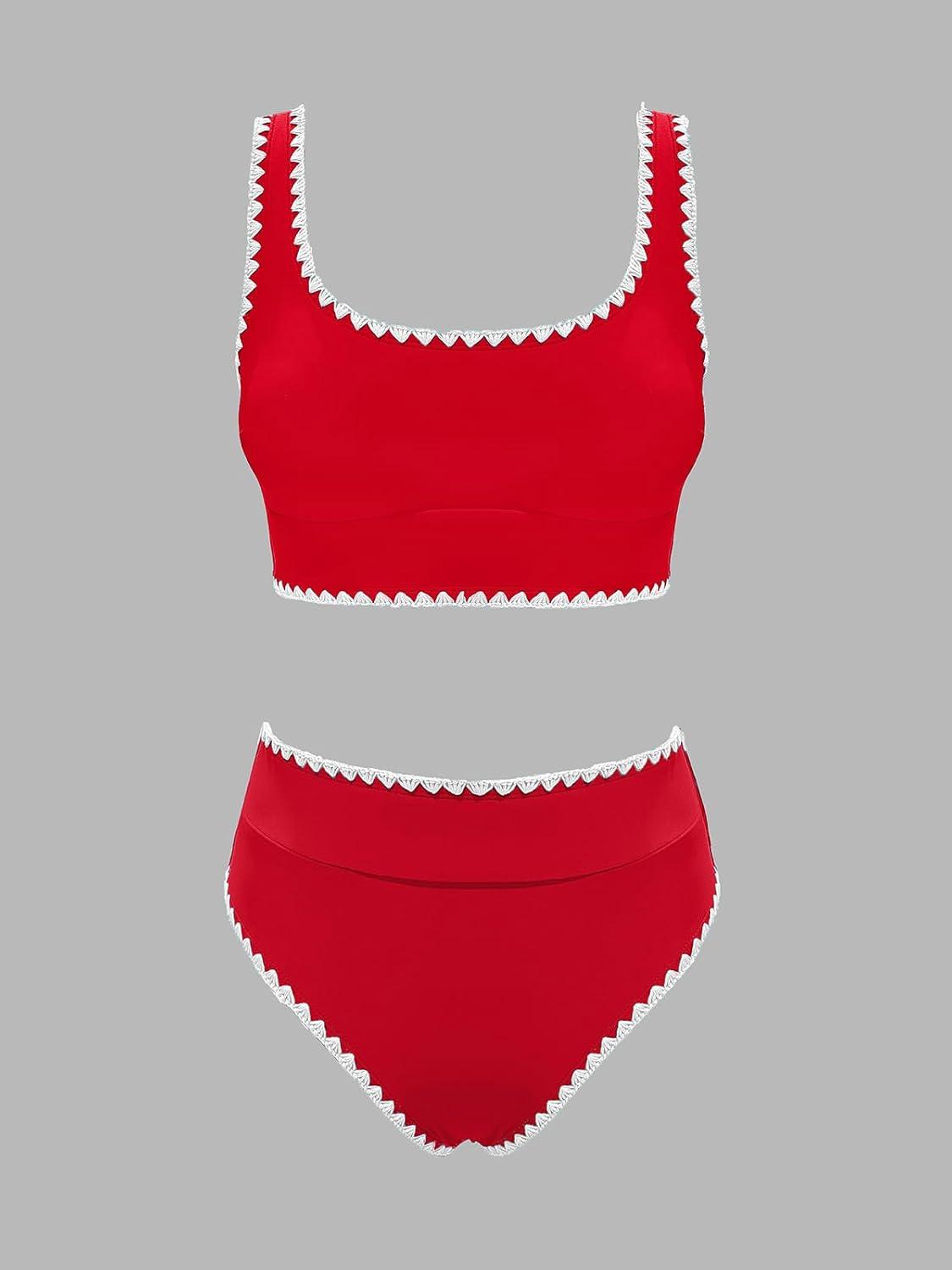 imageCUPSHE Womens Bikini Sets Two Piece Swimsuit Scoop Neck Tank Wide Straps Midkini StitchingRedWhite
