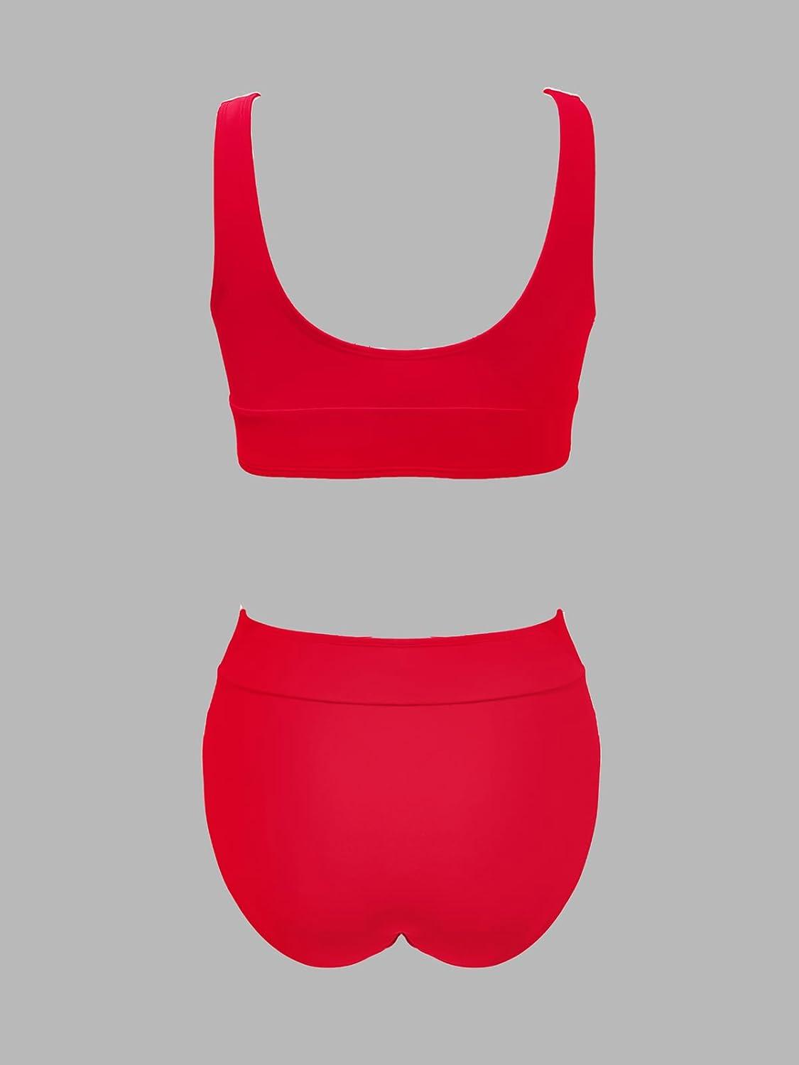 imageCUPSHE Womens Bikini Sets Two Piece Swimsuit Scoop Neck Tank Wide Straps Midkini StitchingRedWhite