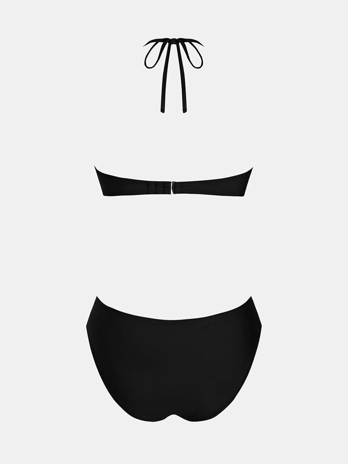 imageCUPSHE Womens Bikini Sets Two Piece Swimsuit V Neck Halter Stitching Back Hook Cutout Straps Mid RiseGreen PinkBlack