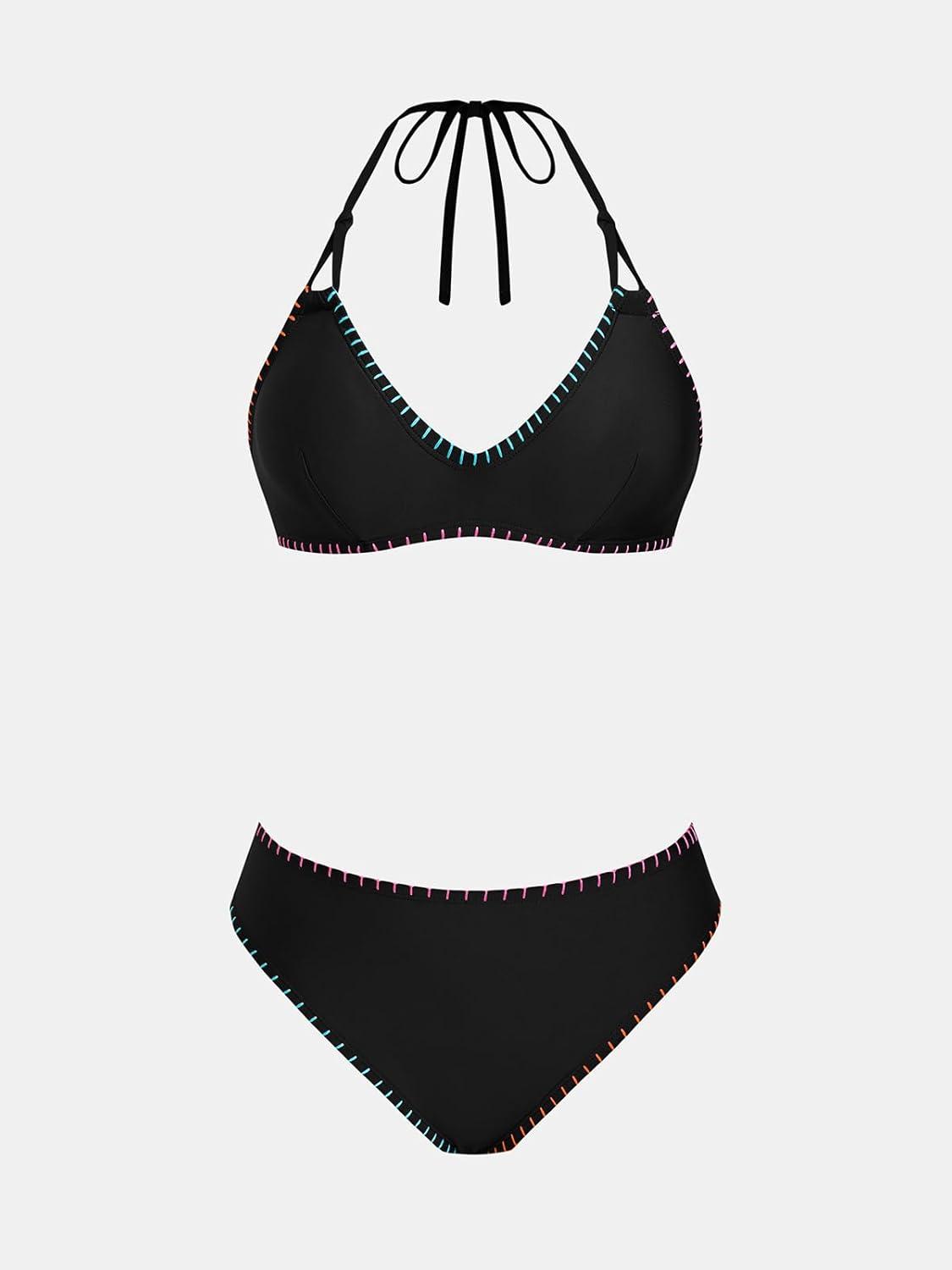 imageCUPSHE Womens Bikini Sets Two Piece Swimsuit V Neck Halter Stitching Back Hook Cutout Straps Mid RiseGreen PinkBlack