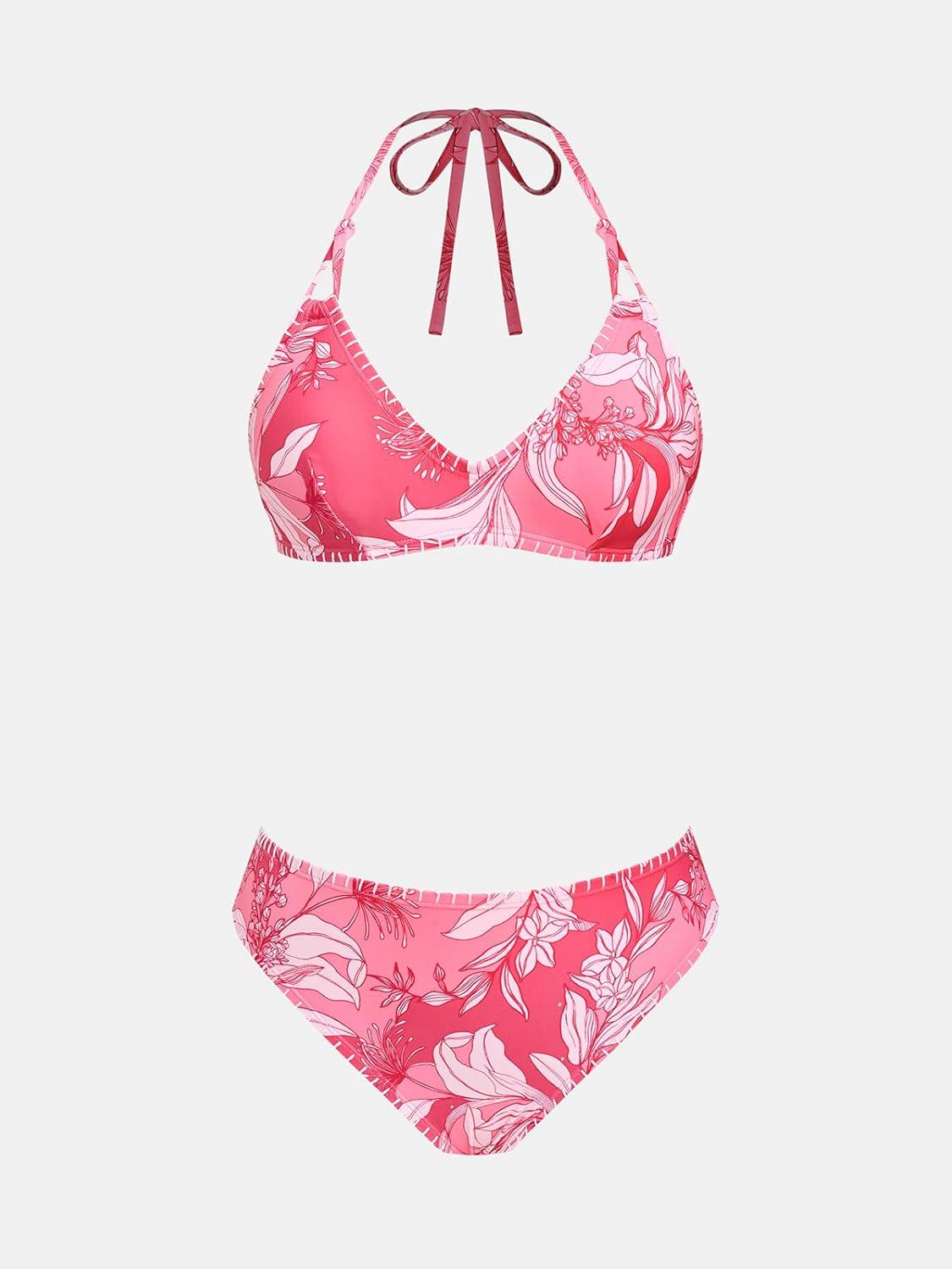 imageCUPSHE Womens Bikini Sets Two Piece Swimsuit V Neck Halter Stitching Back Hook Cutout Straps Mid RisePink Floral
