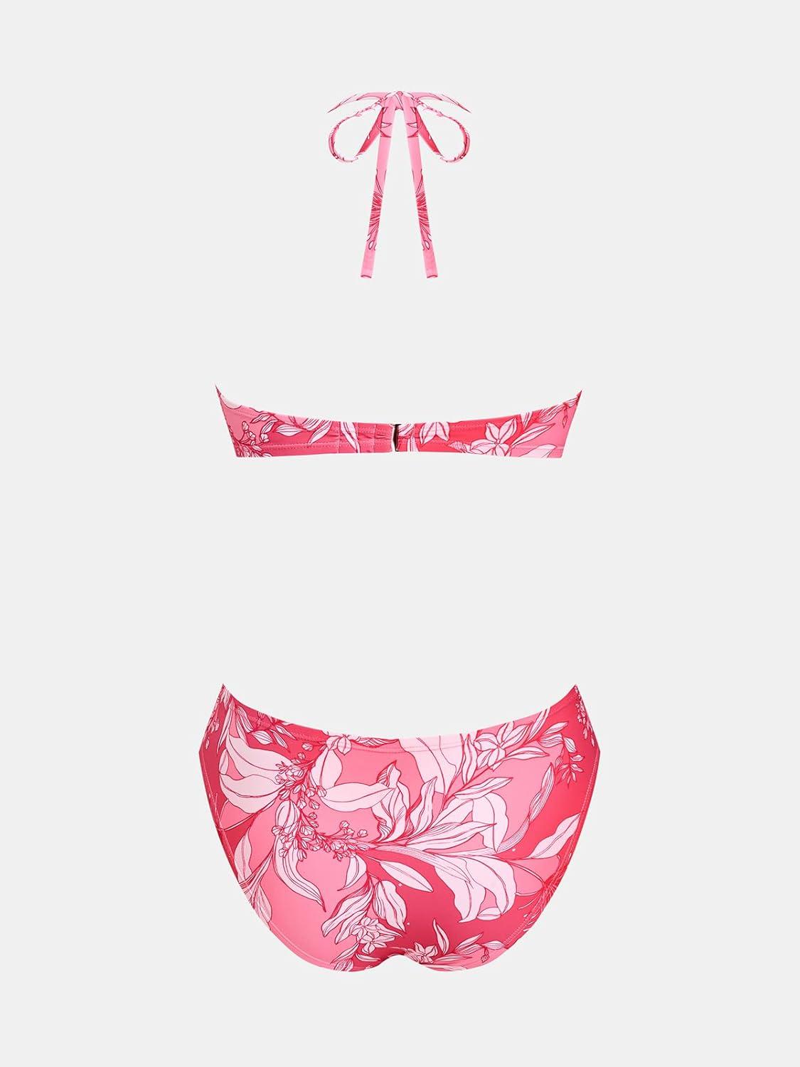 imageCUPSHE Womens Bikini Sets Two Piece Swimsuit V Neck Halter Stitching Back Hook Cutout Straps Mid RisePink Floral
