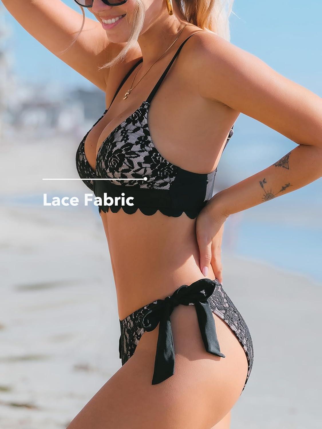 imageCUPSHE Womens Bikini Sets Two Piece Swimsuit V Neck Lace Sexy Bathing Suit Scalloped Trim Low Rise Side Self TieBlackLace Floral