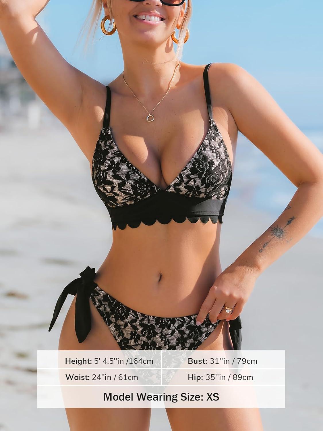 imageCUPSHE Womens Bikini Sets Two Piece Swimsuit V Neck Lace Sexy Bathing Suit Scalloped Trim Low Rise Side Self TieBlackLace Floral