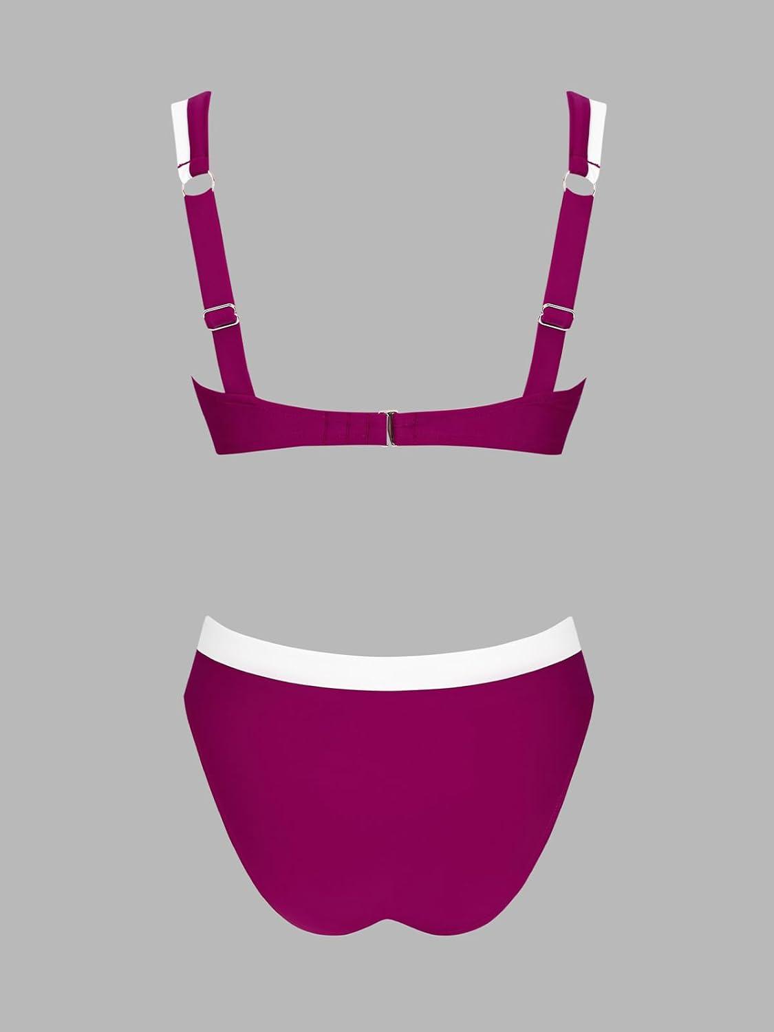 imageCUPSHE Womens Bikini Sets Two Piece Swimsuit V Neck U Wire High Waisted Color Block Cutout Adjustable Straps Back HookMagenta PurpleWhite