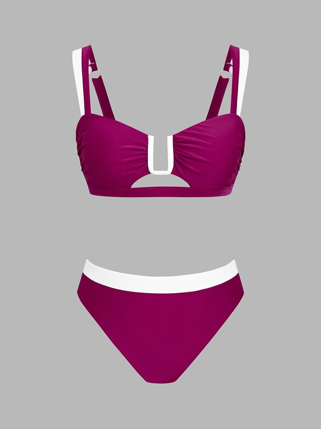imageCUPSHE Womens Bikini Sets Two Piece Swimsuit V Neck U Wire High Waisted Color Block Cutout Adjustable Straps Back HookMagenta PurpleWhite