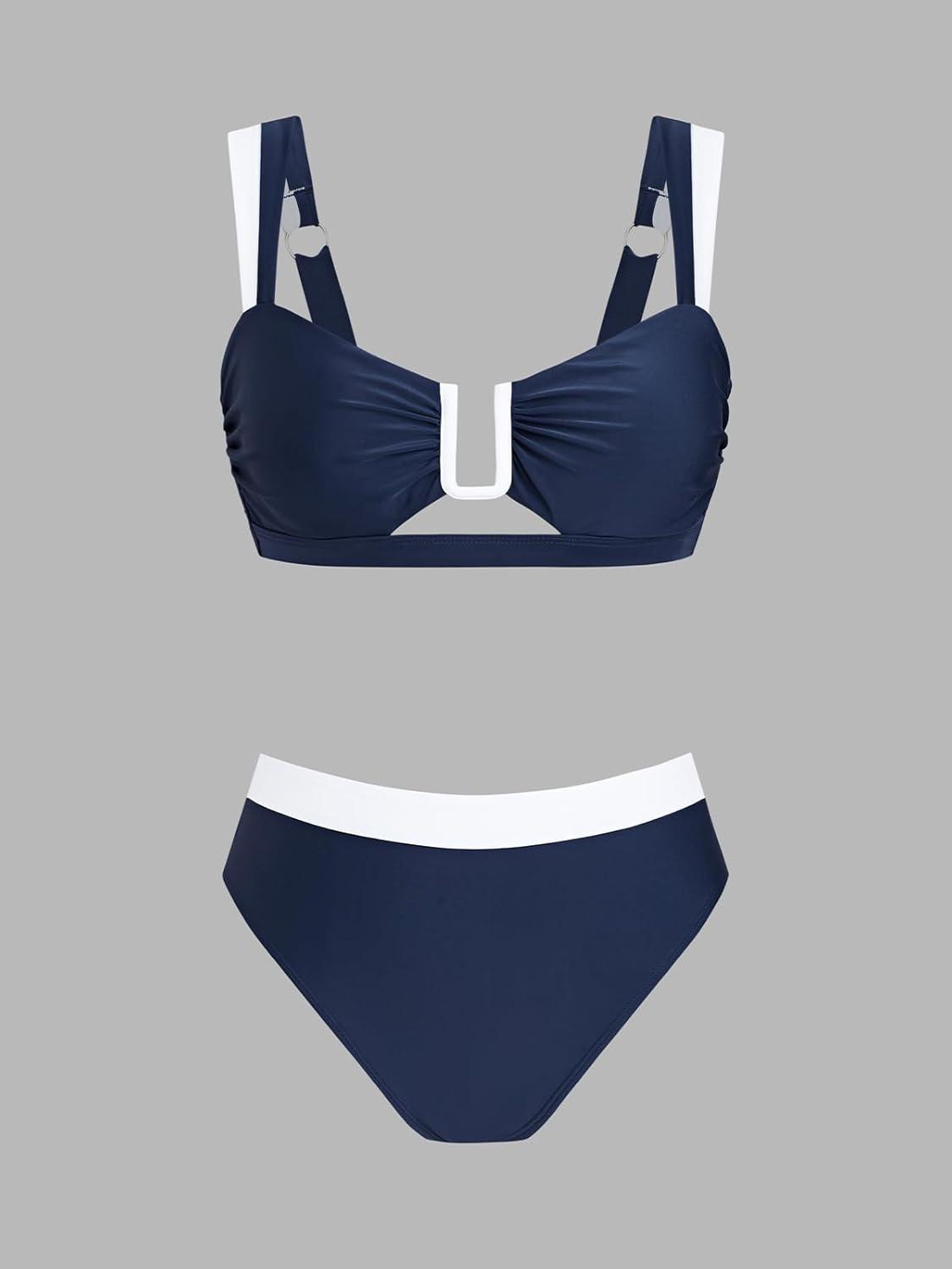 imageCUPSHE Womens Bikini Sets Two Piece Swimsuit V Neck U Wire High Waisted Color Block Cutout Adjustable Straps Back HookNavyWhite