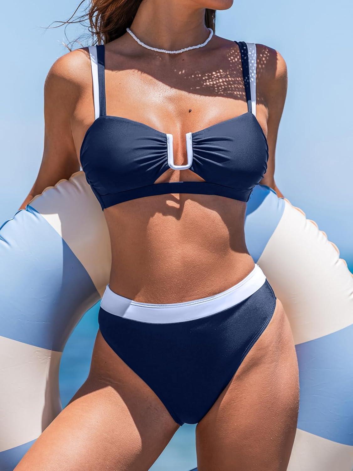 imageCUPSHE Womens Bikini Sets Two Piece Swimsuit V Neck U Wire High Waisted Color Block Cutout Adjustable Straps Back HookNavyWhite
