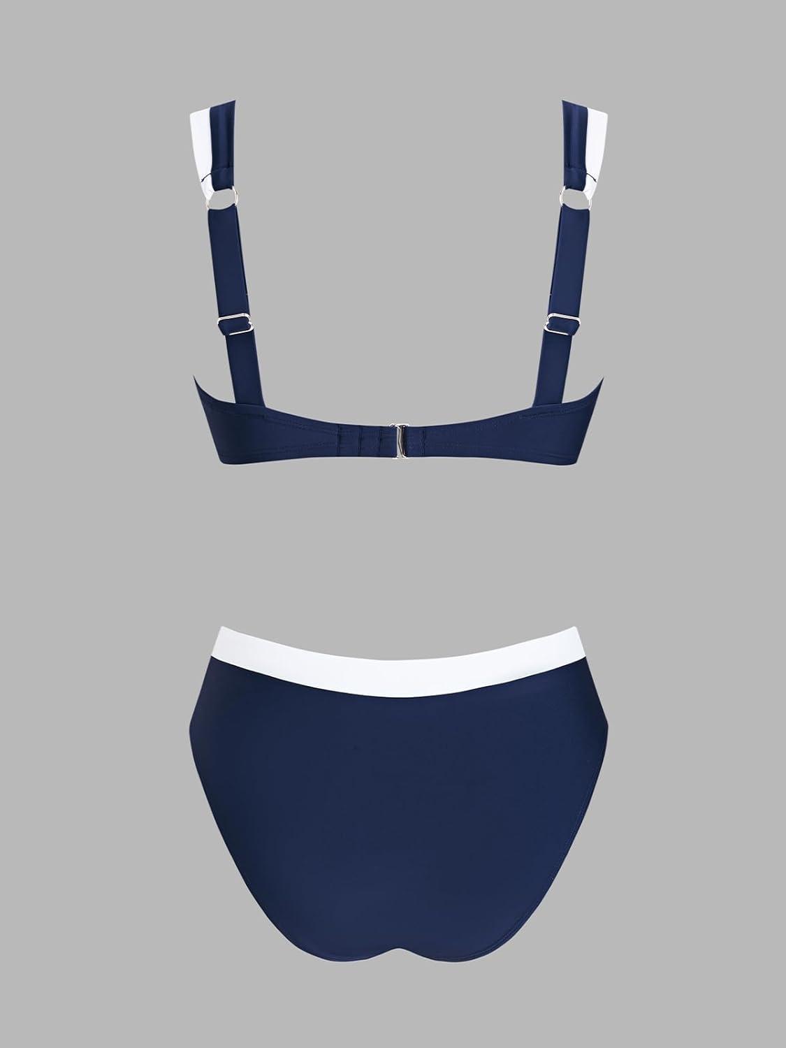 imageCUPSHE Womens Bikini Sets Two Piece Swimsuit V Neck U Wire High Waisted Color Block Cutout Adjustable Straps Back HookNavyWhite