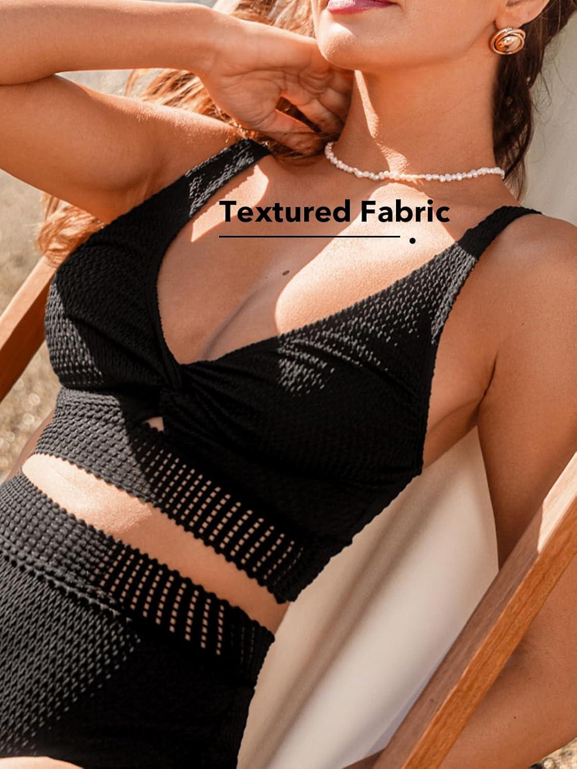 imageCUPSHE Womens Bikini Sets Two Piece Swimsuits High Waisted V Neck Front Twist Cut Out Mid Rise Bottom TexturedBlack