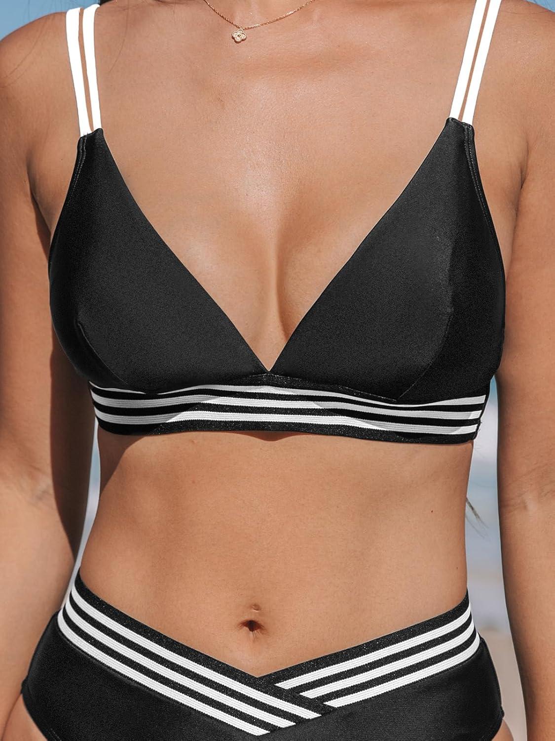 imageCUPSHE Womens Bikini Sets V Neck Two Piece Bathing Suit High Waisted Color Block Adjustable Double Straps Back HookBlackWhite