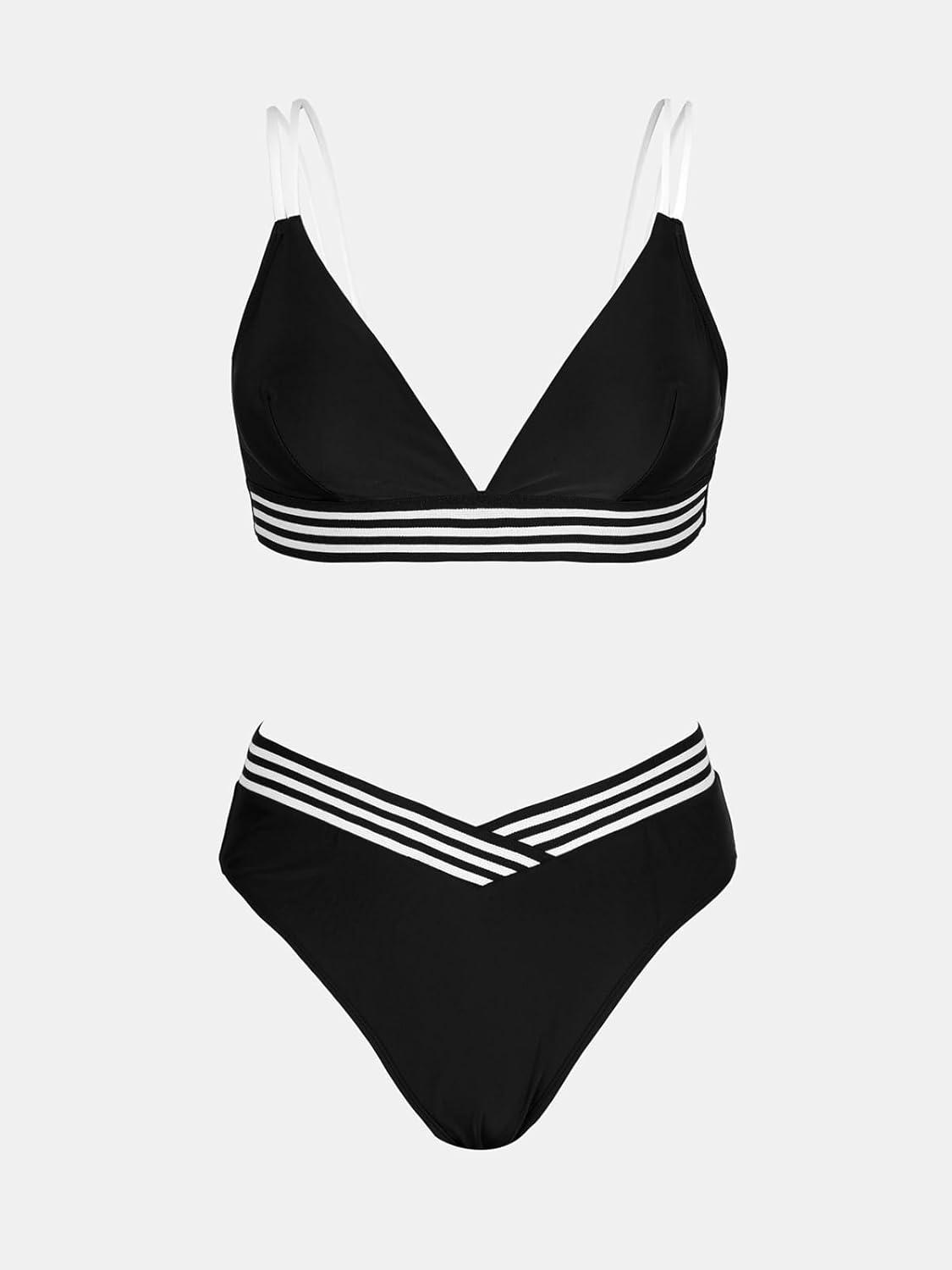 imageCUPSHE Womens Bikini Sets V Neck Two Piece Bathing Suit High Waisted Color Block Adjustable Double Straps Back HookBlackWhite