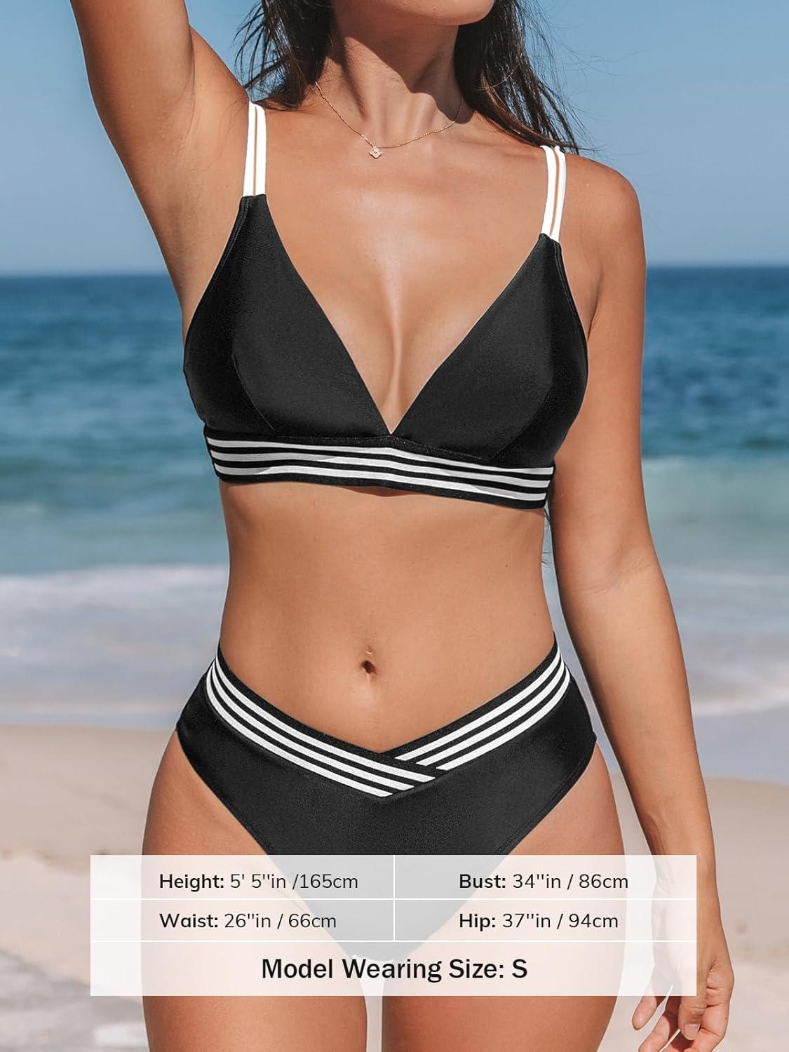imageCUPSHE Womens Bikini Sets V Neck Two Piece Bathing Suit High Waisted Color Block Adjustable Double Straps Back HookBlackWhite