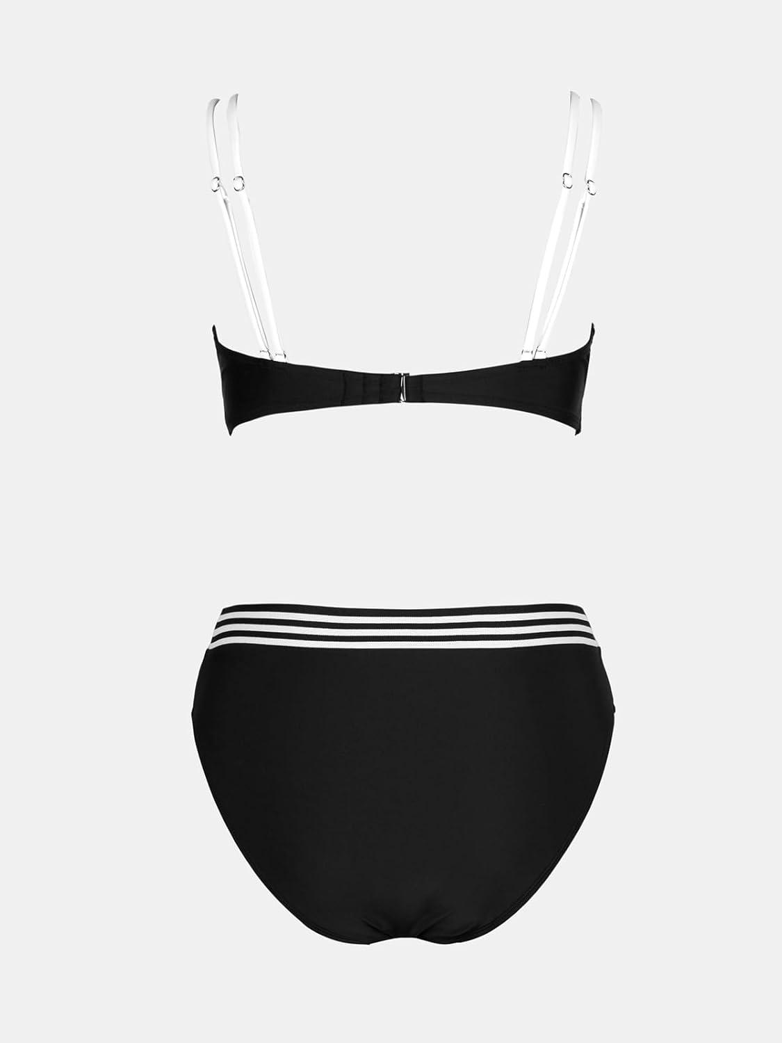 imageCUPSHE Womens Bikini Sets V Neck Two Piece Bathing Suit High Waisted Color Block Adjustable Double Straps Back HookBlackWhite