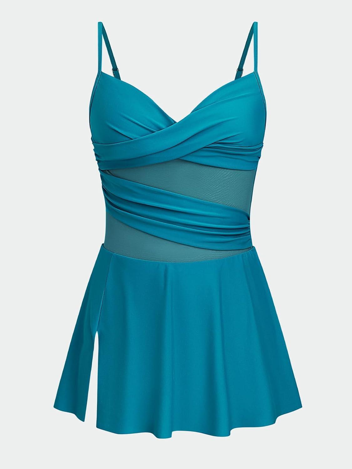 imageCUPSHE Womens One Piece Swim Dress Sweetheart Neck Wrapped Mesh Bathing Suit Adjustable Straps SwimsuitTeal Blue