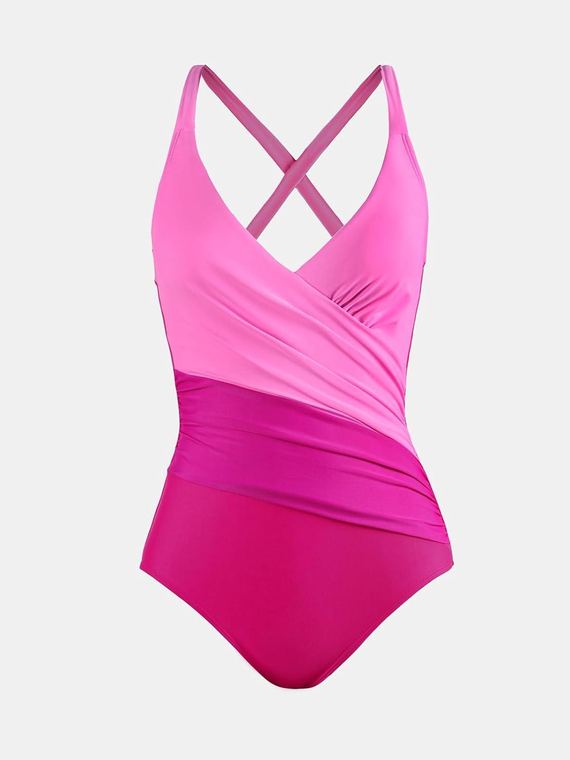 imageCUPSHE Womens One Piece Swimsuit Bathing Suit V Neck Ruched Crisscross Back Self Tie Color BlockMagentaPink