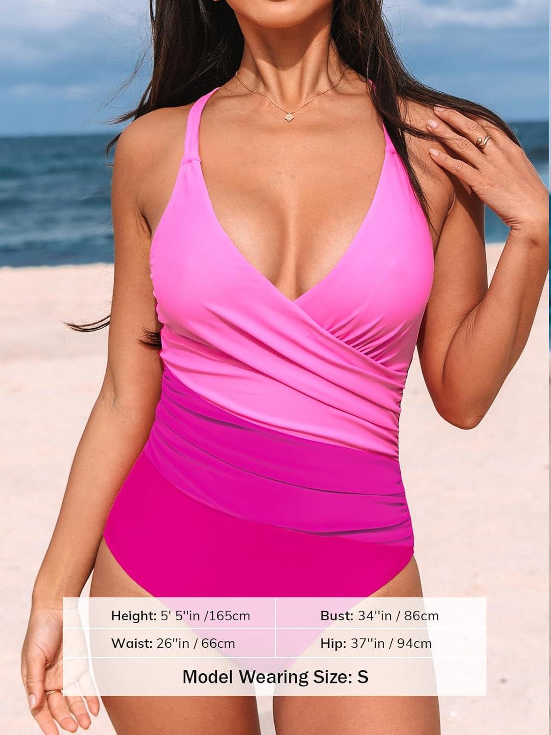 imageCUPSHE Womens One Piece Swimsuit Bathing Suit V Neck Ruched Crisscross Back Self Tie Color BlockMagentaPink
