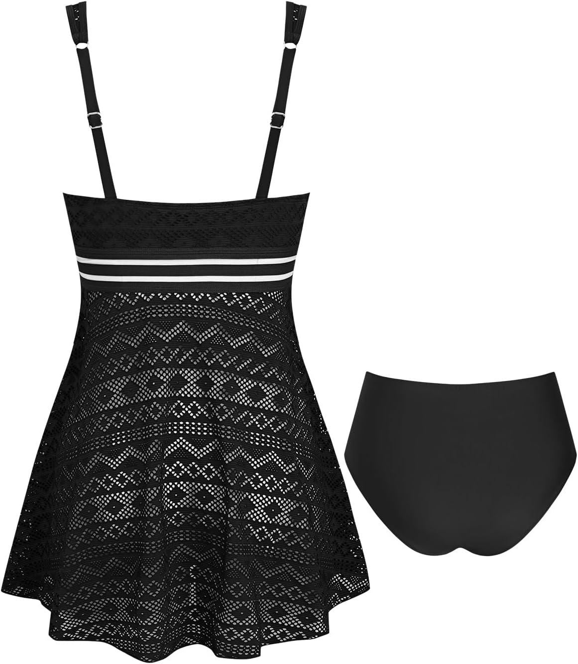 imageCUPSHE Womens One Piece Swimsuit Bathing Suit V Neck Swimdress Mesh Adjustable Wide Straps Swim SkirtBlackWhite