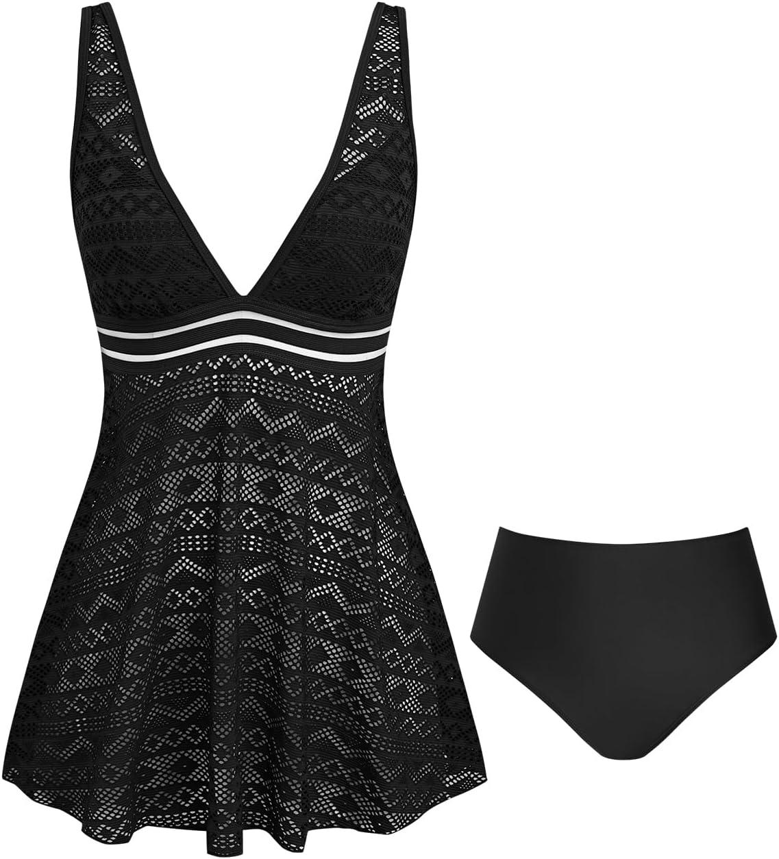imageCUPSHE Womens One Piece Swimsuit Bathing Suit V Neck Swimdress Mesh Adjustable Wide Straps Swim SkirtBlackWhite