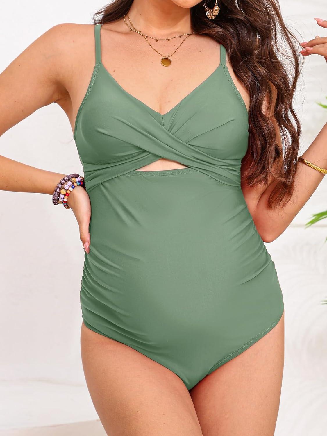 imageCUPSHE Womens One Piece Swimsuit Maternity Wrapped Front Ruched Pregnancy Bathing Suit Back Hook CutoutGreen