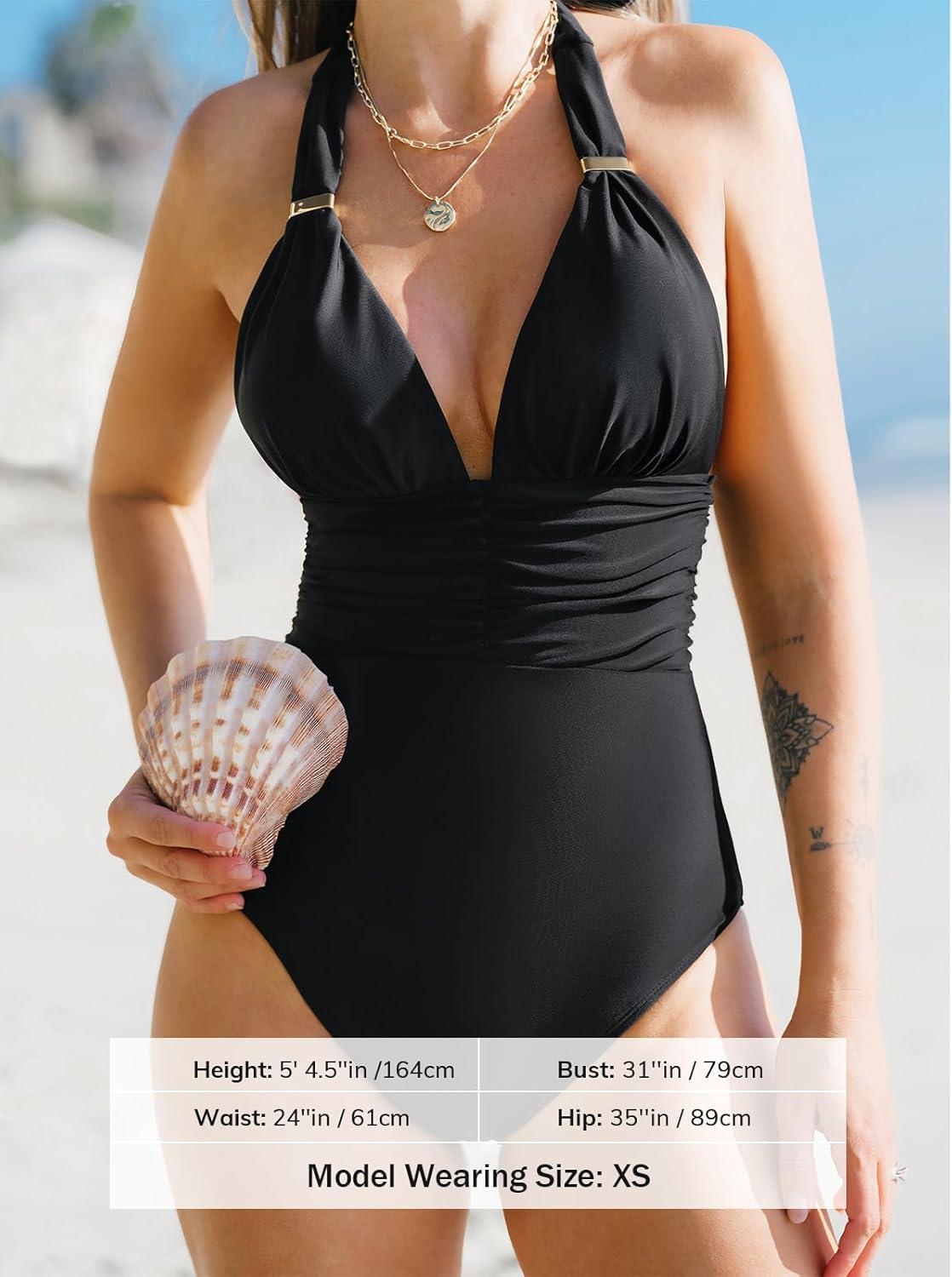 imageCUPSHE Womens One Piece Swimsuit Plunging Halter V Neck Bathing Suit Ruched Adjustable Straps Wide Self TieBlack