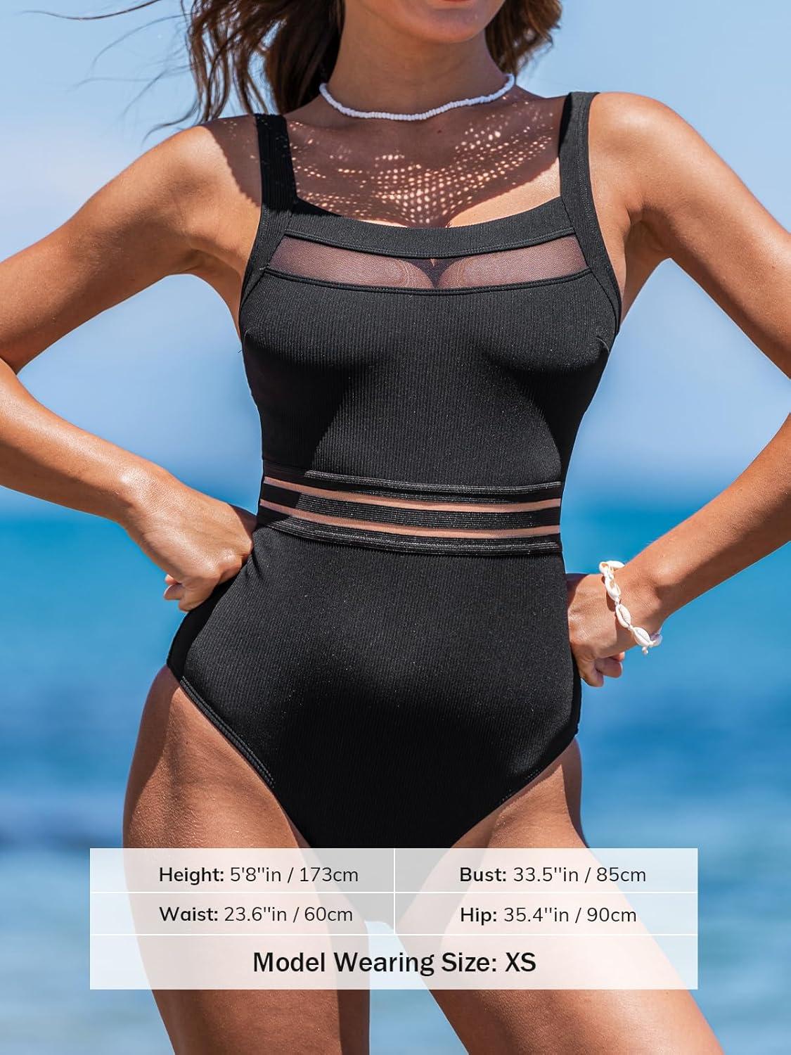 imageCUPSHE Womens One Piece Swimsuit Square Neck Bathing Suit Cutout Back Mesh Front Adjustable Wide Straps TexturedBlack