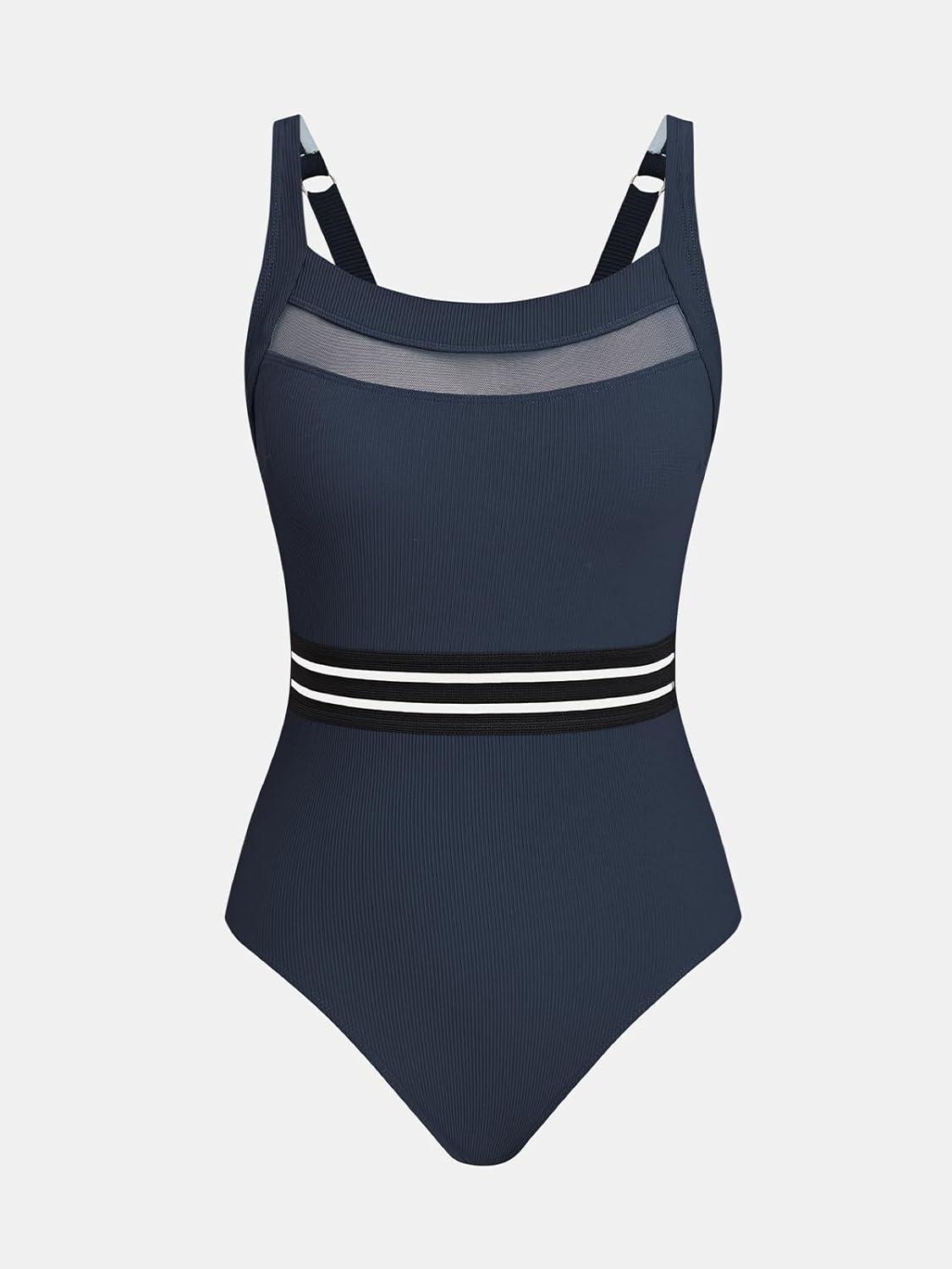 imageCUPSHE Womens One Piece Swimsuit Square Neck Bathing Suit Cutout Back Mesh Front Adjustable Wide Straps TexturedNavy Blue
