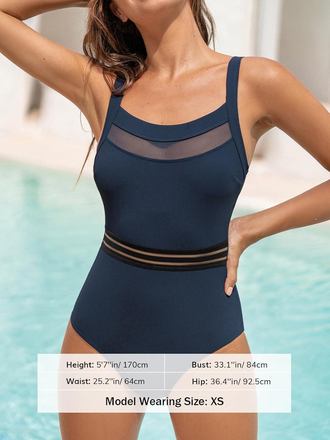 imageCUPSHE Womens One Piece Swimsuit Square Neck Bathing Suit Cutout Back Mesh Front Adjustable Wide Straps TexturedNavy Blue