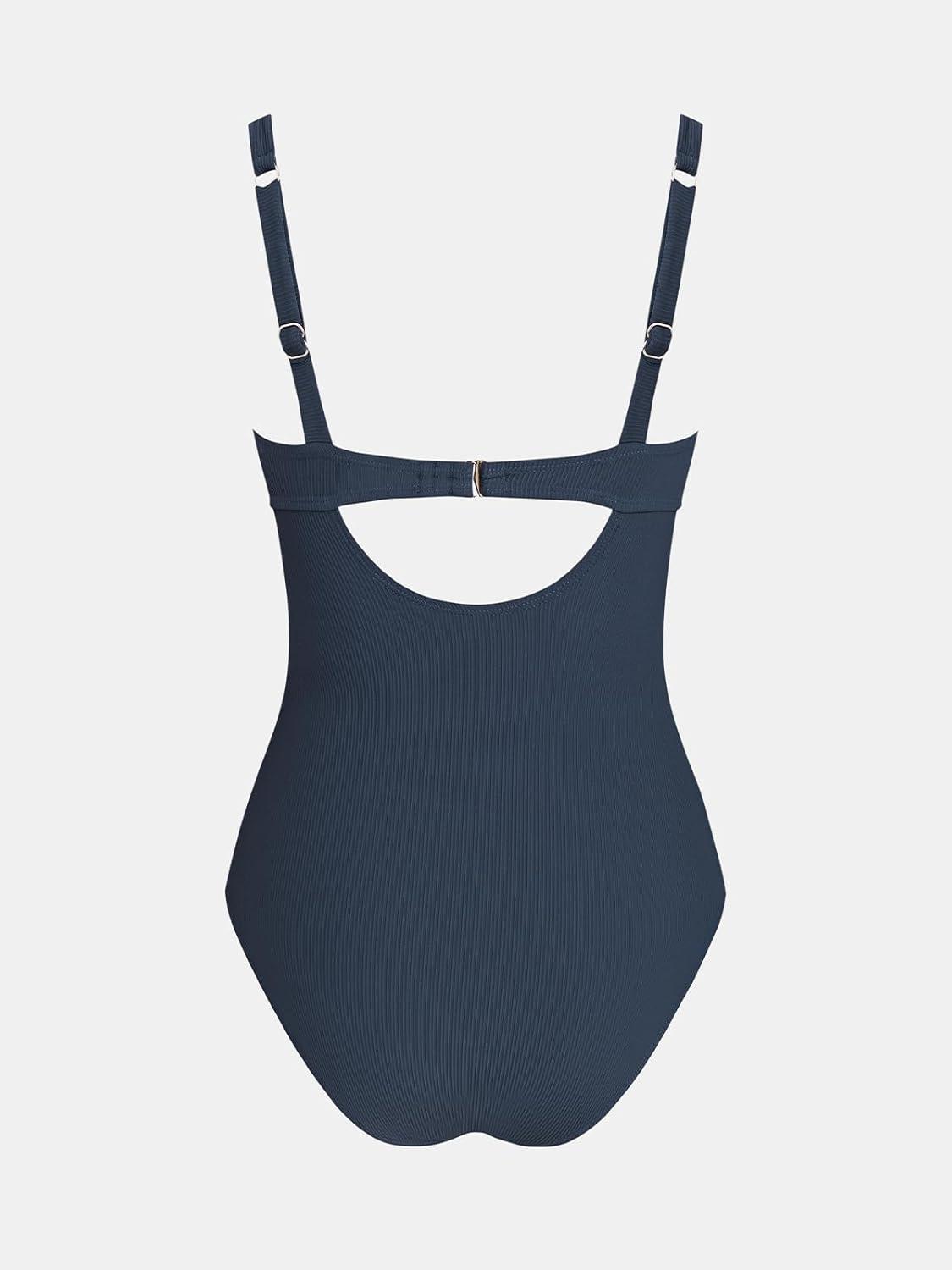 imageCUPSHE Womens One Piece Swimsuit Square Neck Bathing Suit Cutout Back Mesh Front Adjustable Wide Straps TexturedNavy Blue