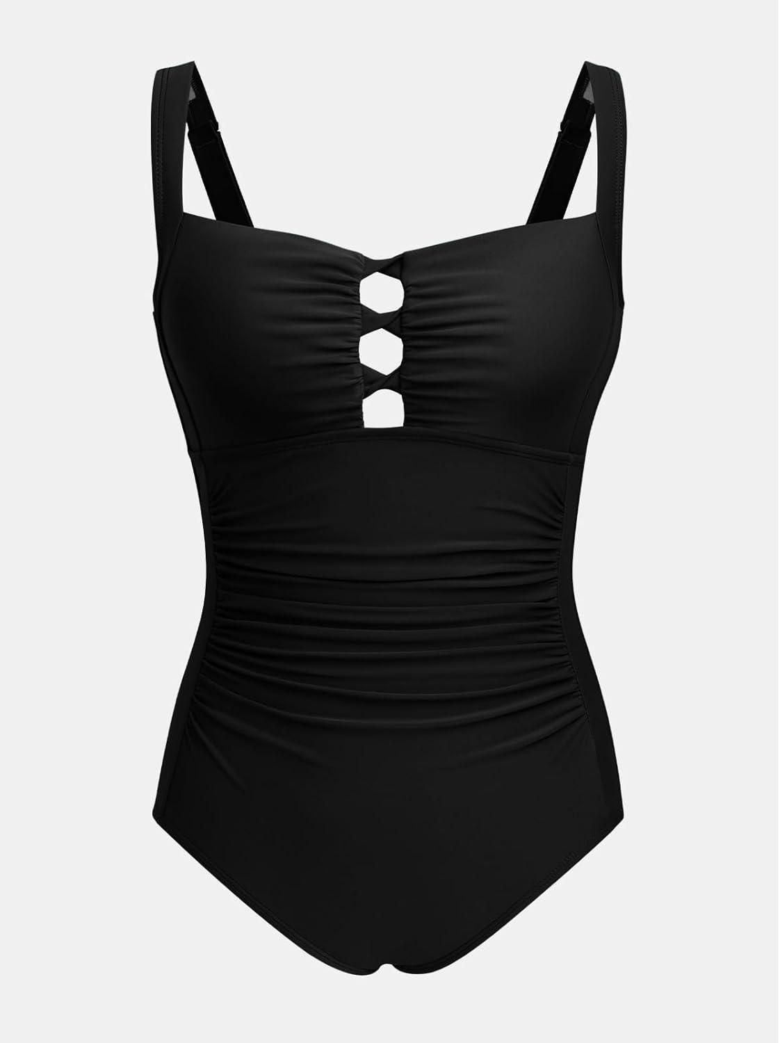imageCUPSHE Womens One Piece Swimsuit Sweetheart Neck Wide Adjustable Straps Ruched Front Keyhole Bathing SuitBlack