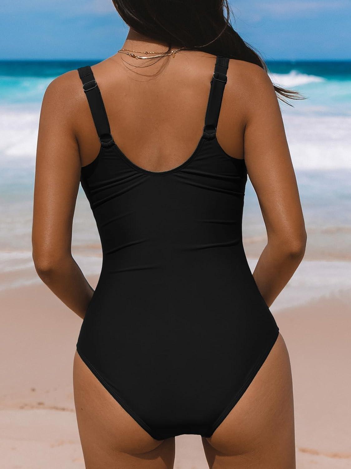 imageCUPSHE Womens One Piece Swimsuit Sweetheart Neck Wide Adjustable Straps Ruched Front Keyhole Bathing SuitBlack