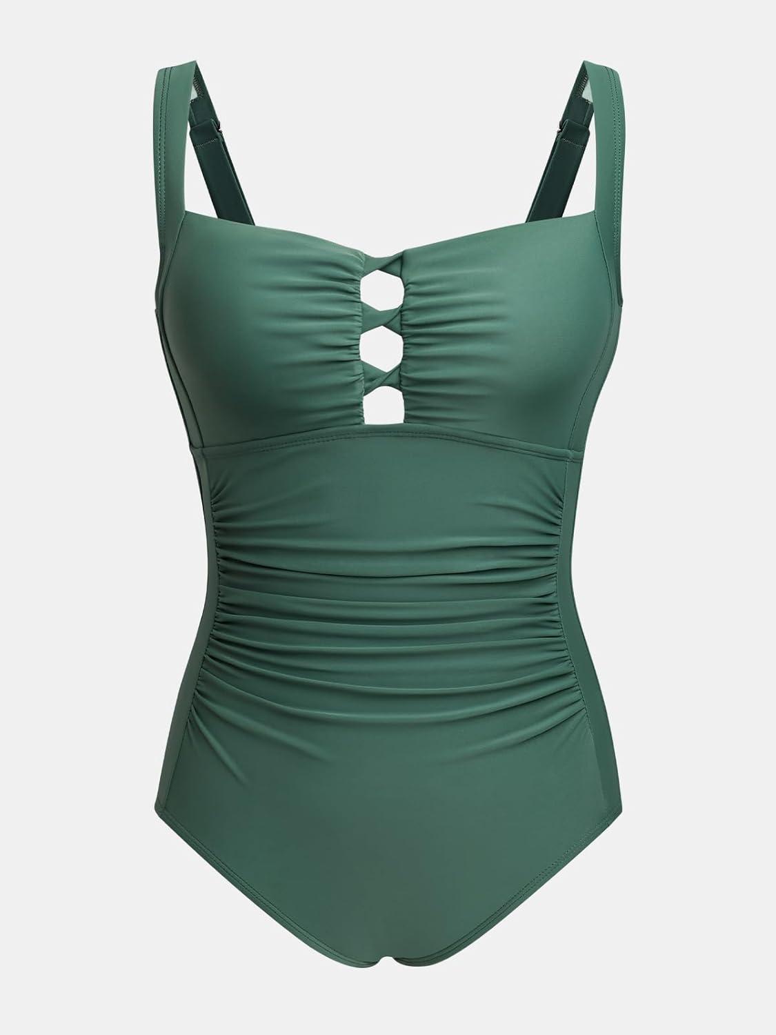 imageCUPSHE Womens One Piece Swimsuit Sweetheart Neck Wide Adjustable Straps Ruched Front Keyhole Bathing SuitGreen