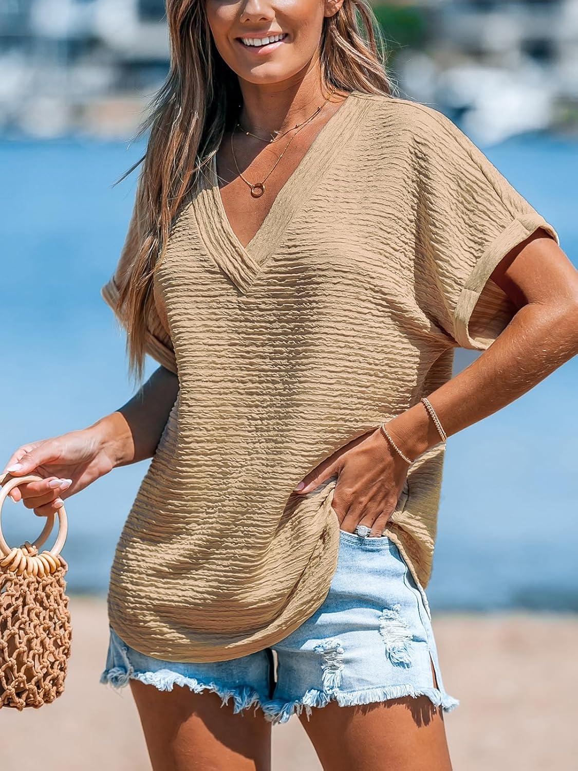 imageCUPSHE Womens Summer Top Short Sleeve V Neck Dressy Casual Loose Fit Shirts Trendy T Shirts Outfits Beach Vacation ClothesKhaiki