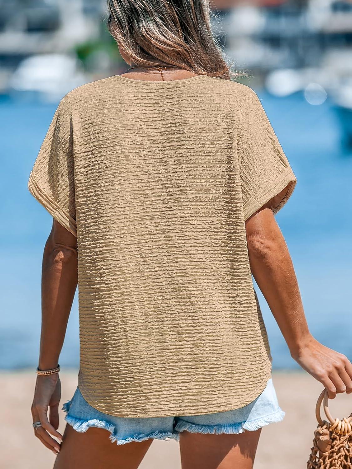 imageCUPSHE Womens Summer Top Short Sleeve V Neck Dressy Casual Loose Fit Shirts Trendy T Shirts Outfits Beach Vacation ClothesKhaiki