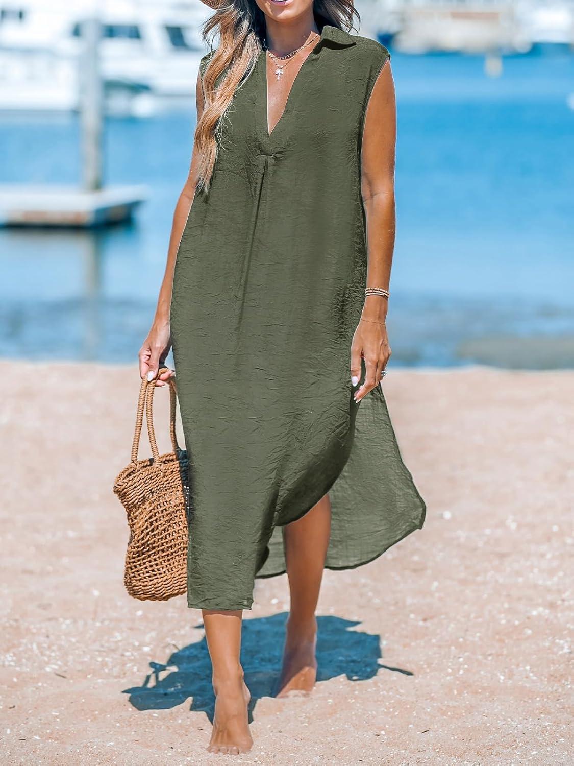 imageCUPSHE Womens Swimsuit Coverup Casual Sleeveless Side Split Long Cardigans V Neck Midi Beach DressGreen