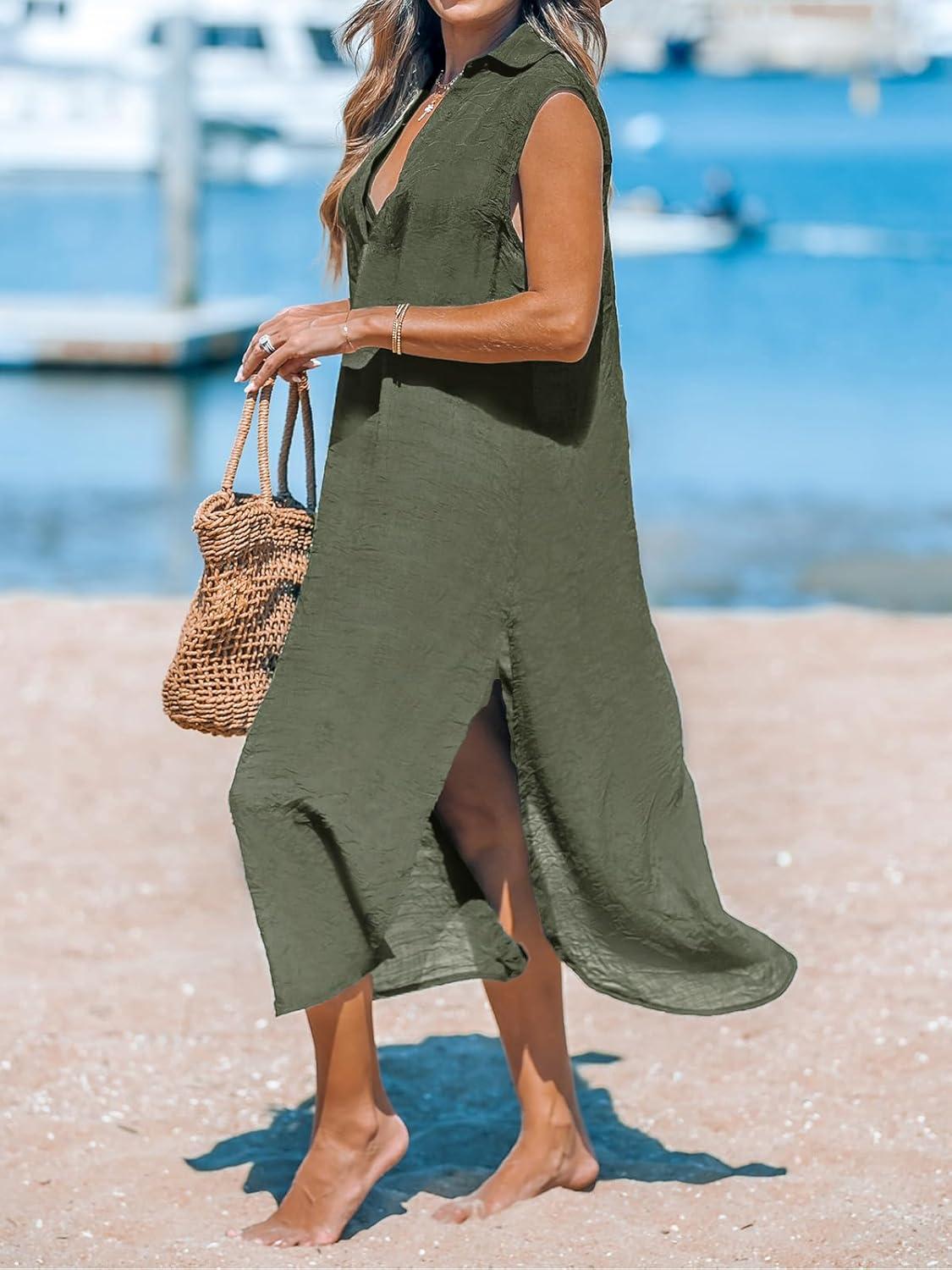 imageCUPSHE Womens Swimsuit Coverup Casual Sleeveless Side Split Long Cardigans V Neck Midi Beach DressGreen