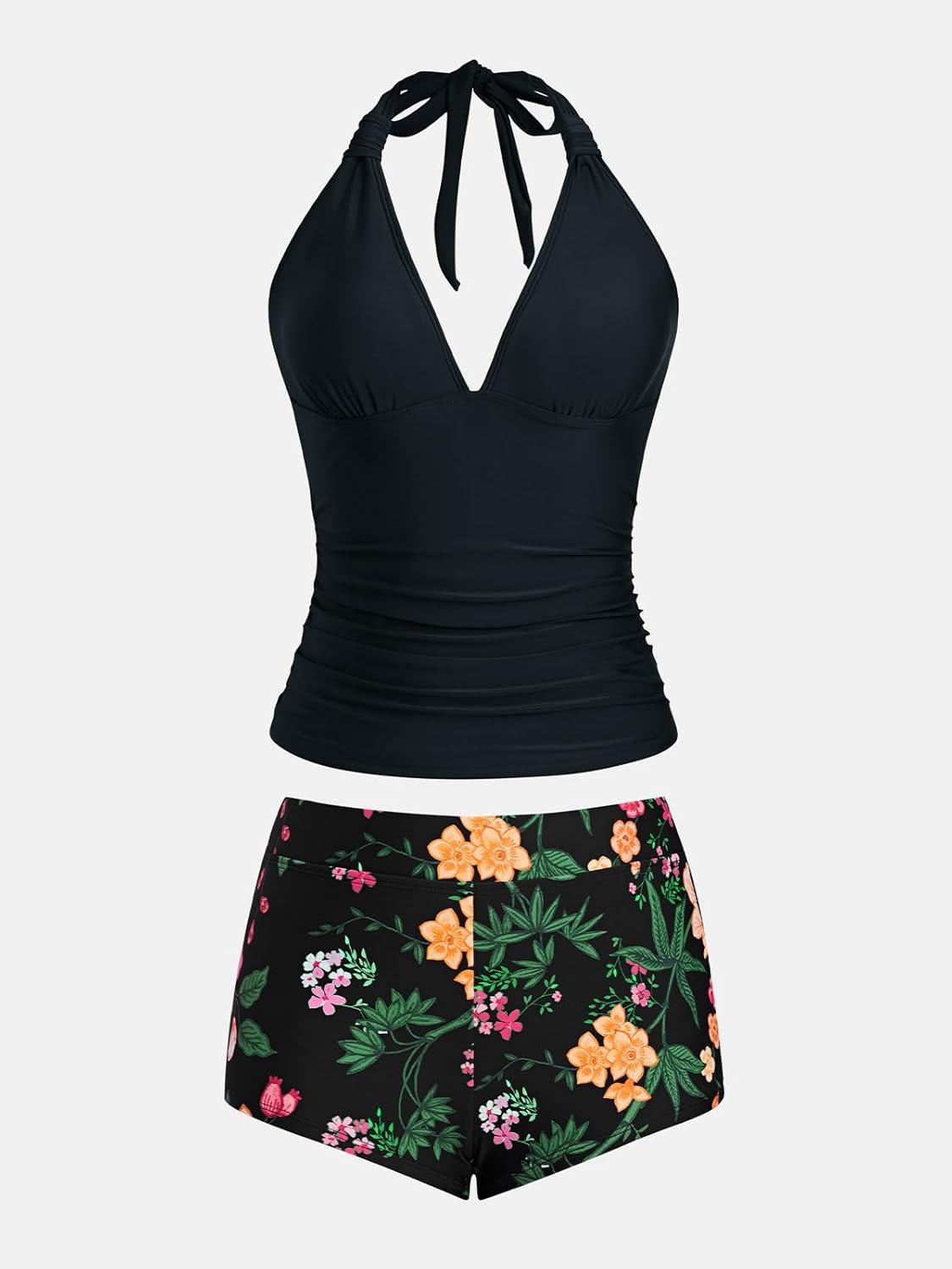 imageCUPSHE Womens Tankini Sets Two Piece Swimsuit High Waisted Halter V Neck Bathing Suit Adjustable Straps ShortsBlackOrange Floral