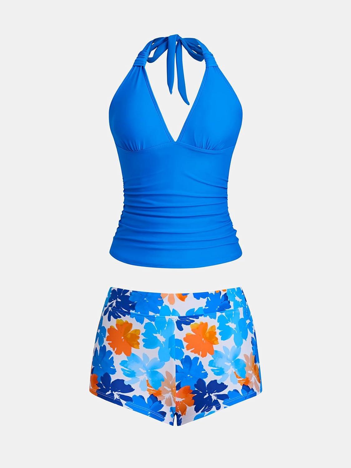 imageCUPSHE Womens Tankini Sets Two Piece Swimsuit High Waisted Halter V Neck Bathing Suit Adjustable Straps ShortsRoyal BlueOrange Floral