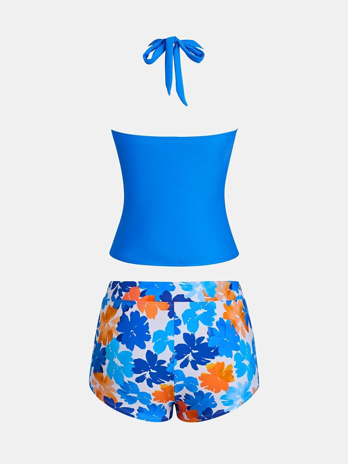 imageCUPSHE Womens Tankini Sets Two Piece Swimsuit High Waisted Halter V Neck Bathing Suit Adjustable Straps ShortsRoyal BlueOrange Floral