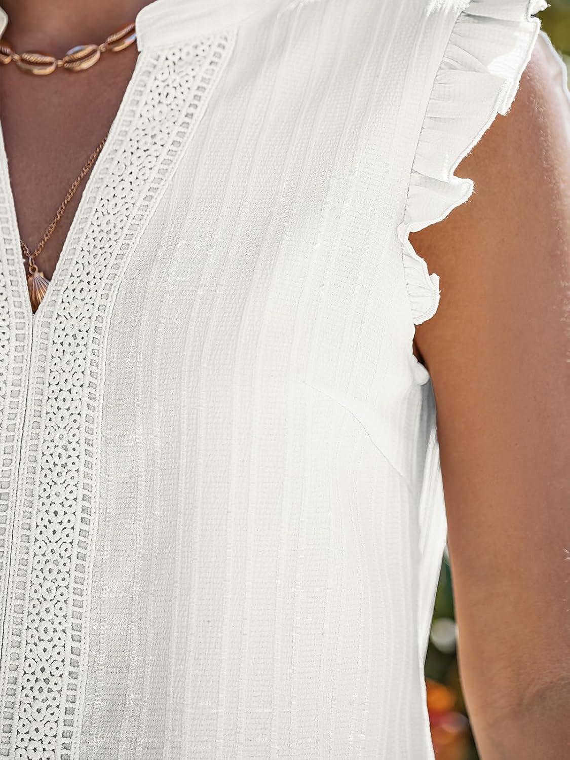 imageCUPSHE Womens Top Woven V Neck Sleeveless Smocked Cuffs Blouse Casual LooseWhite