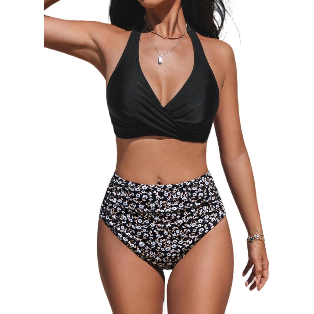 imageCUPSHE Womens Bikini Sets Two Piece Bathing Suit High Waisted V Neck Halter Front Twist Back Hook TexturedBlackDitsy