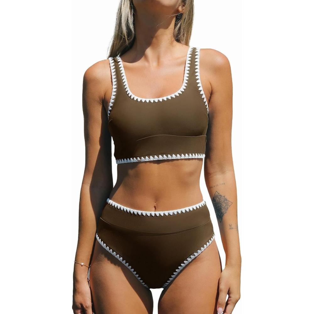 imageCUPSHE Womens Bikini Sets Two Piece Swimsuit Scoop Neck Tank Wide Straps Midkini StitchingBrownWhite