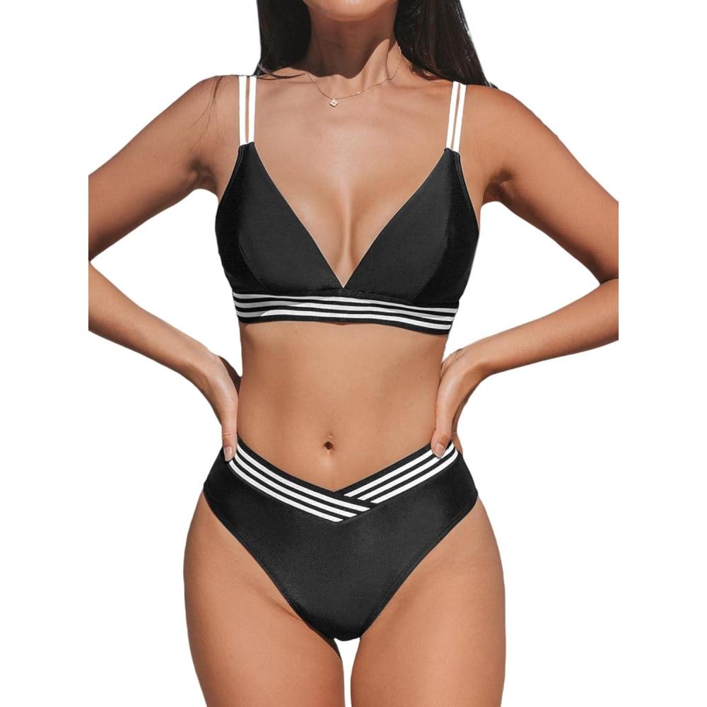 imageCUPSHE Womens Bikini Sets V Neck Two Piece Bathing Suit High Waisted Color Block Adjustable Double Straps Back HookBlackWhite
