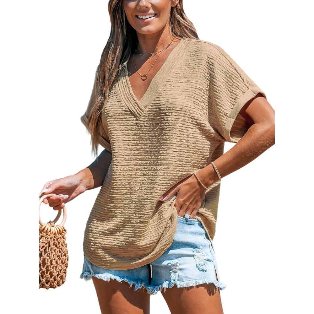imageCUPSHE Womens Summer Top Short Sleeve V Neck Dressy Casual Loose Fit Shirts Trendy T Shirts Outfits Beach Vacation ClothesKhaiki