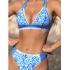 imageCUPSHE Womens Bikini Sets Two Piece Swimsuit Halter V Neck Back Hook Cutout Stitching Cheeky BottomBlueWhite Floral