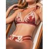 imageCUPSHE Womens Bikini Sets Two Piece Swimsuit Halter V Neck Back Hook Cutout Stitching Cheeky BottomBrownBeige Tropical