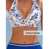 imageCUPSHE Womens Bikini Sets Two Piece Swimsuit High Waisted Halter Back Self Tie V Neck Textured Hollow OutWhiteBlue Floral