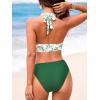 imageCUPSHE Womens Bikini Sets Two Piece Swimsuit High Waisted Halter Back Self Tie V Neck Textured Hollow OutWhiteGreen Floral