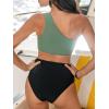 imageCUPSHE Womens Bikini Sets Two Piece Swimsuit High Waisted One Shoulder Color Block Ruched AsymmetricalBlackDark Green